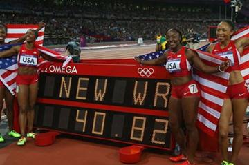 New World Record of 40.82 for USA relay team: Carmelita Jeter, Bianca Knight, Allyson Felix and Tianna Madison of 40.82 after the Women's 4 x 100m Relay Final of the London 2012 Olympic Games on 10 August 2012 (Getty Images)