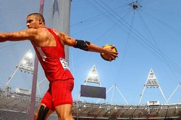 Trey Hardee of the United States in action during the Men's Decathlon Discus Throw of the London 2012 Olympic Gameson August 9, 2012 (Getty Images)