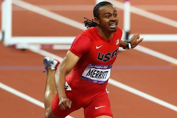 Aries Merritt of the United States crosses the finish line to win gold in the Men's 110m Hurdles Final on Day 12 of the London 2012 Olympic Games (Getty Images)
