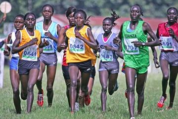 The field in the women's 8km race at the Kenya Police National Cross Country Championships at the Ngong Racecourse in Nairobi on Saturday. Vivian Cheruiyot (0683) won the race with Linet Masai (right) second and Grace Momanyi (third from left) third. (MOHAMMED AMIN/ Daily Nation)