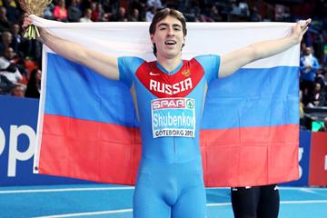 Sergey Shubenkov celebrates his 60m Hurdles victory at the European Indoor Championships (Getty Images)