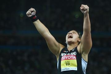 Valerie Vili of New Zealand celebrates winning the gold medal in the women's Shot Put Final (Getty Images)