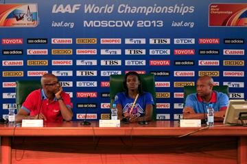 Ed Moses, Dawn Harper and Mike Powell at the IAAF Ambassador Press Conference Moscow 2013 (Getty Images)