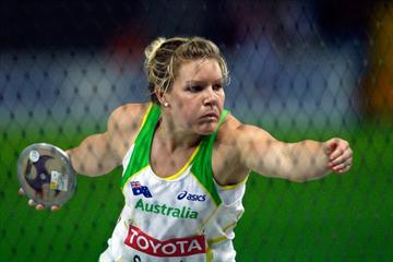 In the cage Dani Samuels of Australia on her way to throwing a lifetime best of 65.44m to secure the World Championships title (Getty Images)