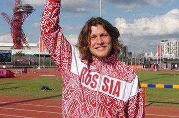 Ivan Ukhov, 2012 Olympic High Jump champion, at the training track in London Olympic Park, salutes one year to go to Moscow 2013 (Moscow 2013)