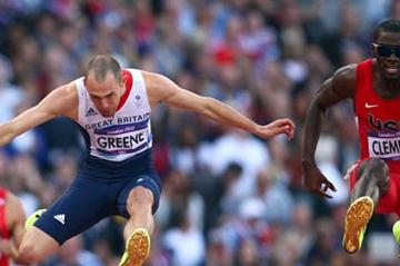 (L-R) Dai Greene of Great Britain and Kerron Clement of the United States compete in the Men's 400m Hurdles Semi Finalon Day 8 of the London 2012 Olympic Games on 4 August 2012 (Getty Images )