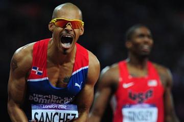 Felix Sanchez of Dominican Republic celebrates after winning the gold medal in the Men's 400m Hurdles final on Day 10 of the London 2012 Olympic Games on 6 August 2012 (Getty Images)