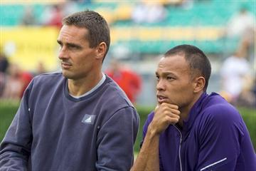 Roman Sebrle and Bryan Clay watch the competition in Kladno after the pair was knocked out by injury in the 100m (Pavel Gryc)