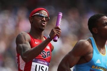 Tony McQuay of the United States and Michael Mathieu of the Bahamas compete during the Men's 4 x 400m Relay Round 1 heats of the London 2012 Olympic Games on 9 August 2012 (Getty Images)