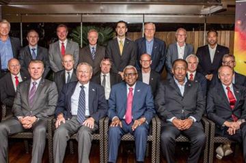 IAAF President Diack with his Vice-Presidents (Coe absent due to LOCOG duties) and Treasurer (all front row), and the representatives of the founding national Member Federations of the IAAF at the 16 July 2012 dinner at the Fairmont Hotel, Monte-Carlo (Philippe Fitte)