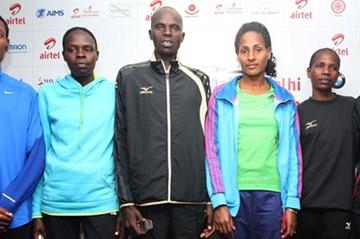 Ahead of the 2012 Delhi Half Marathon, from left: Lelisa Desisa, Helah Kiprop, Ezekiel Chebii, Aselefech Mergia, Helalia Johannes and Caroline Kilel (Organisers)