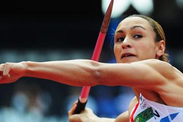 heptathlon london javelin throw report event ennis competes britain jessica great olympic stadium august getty games