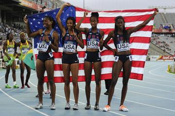 Erika Rucker, Olivia Ekpone, Kendall Baisden and Ashley Spencer celebrate after winning the Women's 400 metres Relay Final on day six of the 14th IAAF World Junior Championships in Barcelona on 15 July 2012 (Getty Images)