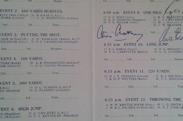 Autographed meeting programme - the first sub-4 minute mile (Courtesy Chris Turner)
