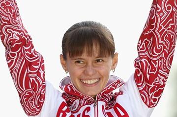Gold medalist Elena Lashmanova of Russia attends the medal ceremony of the Women's 20km Walk in London on 11 August 2012 (Getty Images)