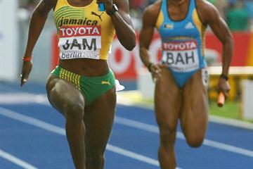 Jamaica's Kerron Stewart in the women's 4x100m relay heats in the Berlin Olympic Stadium (Getty Images)