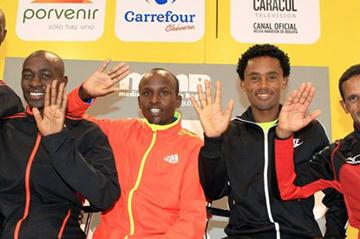 Wilson Chebet, Peter Kirui, Sammy Kitwara, Feyisa Lilesa, and Yemane Tsegay in Bogota (Victah Sailer)