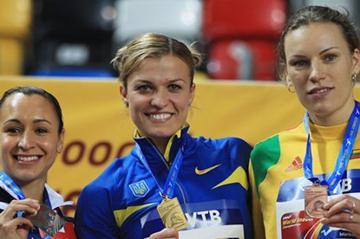 (L-R) Silver medalist Jessica Ennis of Great Britain, gold medalist Natallia Dobrynska of Ukraine and bronze medalist Austra Skujyte of Lithuania stand on the podium during the medal ceremony for the Women's Pentathlon (Getty Images)