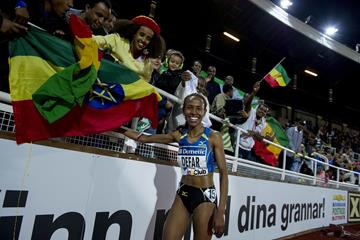 Meseret Defar after winning at the 2013 IAAF Diamond League in Stockholm (Anders and Hasse Sjogren)