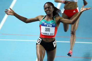 Hellen Onsando Obiri of Kenya celebrates as she wins gold in the Women’s 3000 Metres Final during day three - WIC Istanbul (Getty Images)
