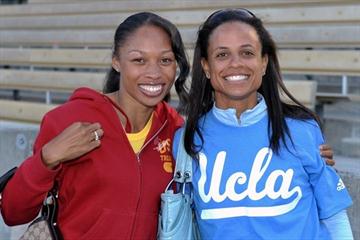 Allyson Felix and Joanna Hayes at the USC-UCLA dual meet (Kirby Lee)