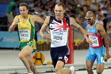 David Greene (C) of Great Britain celebrates after crossing the finish line and claiming gold ahead of L.J. van Zyl (L) of South Africa and Felix Sanchez of Dominican Republic in the men's 400 metres hurdles final (Getty Images)