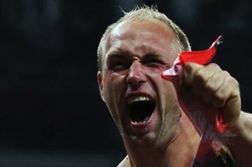The Men's Discus Throw gold winner, Robert Harting of Germany celebrates gold by tearing his shirt on Day 11 of the London 2012 Olympic Games at Olympic Stadium on August 7, 2012 (Getty Images)