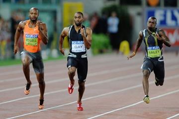 Tyson Gay leads Asafa Powell and Daniel Bailey under 10 seconds in the 100m (Getty Images)