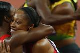 Carmelita Jeter of the United States congratulates Allyson Felix of the United States as Shelly-Ann Fraser-Pryce of Jamaica hugs her teammate Veronica Campbell-Brown of Jamaica after the Women's 200m Final on Day 12 of the London 2012 Olympic Games at Olympic Stadium on August 8, 2012 (Getty Images)