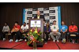 Eugene Press Conference - 3 June - (Left to right) Tirunesh Dibaba, Liu Xiang, David Oliver – Tom Jordon (meet director) – Allyson Felix, Andrew Wheating, Ashton Eaton, Bernard Lagat (Kirby Lee)
