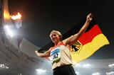 Germany's Christina Obergfoll celebrates her bronze medal in the Javelin at the 2008 Olympics (Getty Images)