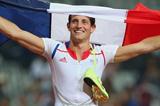 Renaud Lavillenie of France celebrates winning gold in the Men's Pole Vault Final on Day 14 of the London 2012 Olympic Games at Olympic Stadium on August 10, 2012 (Getty Images)