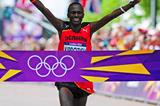 Stephen Kiprotich of Uganda celebrates as he approaches the line to win gold in the Men's Marathon the London 2012 Olympic Games at The Mall on August 12, 2012 (Getty Images)