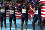 (L-R) Gil Roberts, Manteo Mitchell, Frankie Wright and Calvin Smith of the United States celebrate as they win gold in the Men’s 4x400 Metres Final during day three - WIC Istanbul (Getty Images)