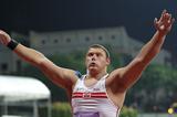 Krzysztof Brzozowski of Poland celebrates winning the boys shot put final at the Youth Olympic Games in Singapore (XINHUA/ SYOGOC-Pool/ Liao Yujie)