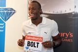Usain Bolt at the pre-event press conference for the 2013 IAAF Diamond League meeting in London (Kirby Lee)