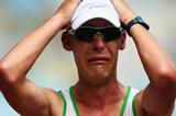 Nathan Deakes crossing the line in the 50Km Walk in Osaka (Getty Images)