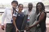 Shaun Campbell, Rachel Yankey, Lamine Diack and Dentaa Amoateng pose with Arthur Wharton Trophy at London's Olympic stadium, Saturday 27 July 2013 (Arthur Wharton Foundation)