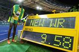 Usain Bolt of Jamaica celebrates winning the gold medal in the men's 100m with a world record of 9.58 seconds (Getty Images) (Getty Images)