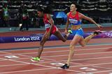 Natalya Antyukh of Russia crosses the finish line ahead of Lashinda Demus of the United States in the Women's 400m Hurdles Final on Day 12 of the London 2012 Olympic Games on 8 August 2012 (Getty Images)