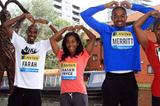 Birmingham: Farah, Fraser-Pryce, Merritt and Jeter pose doing the 'Mobot', next to a whicker statute the Mobot pose (Jean-Pierre Durand)