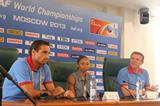 Sergey Bubka, Allyson Felix and Roman Sebrle at the IAAF Ambassador Press Conference Moscow 2013 ()