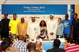 IAAF President Lamine Diack and Qatar Athletics Federation President HE Dahlan al Hamad with athletes at the Doha 2013 Diamond League press conference (Errol Anderson)