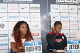 Shelly-Ann Fraser-Pryce and Carmelita Jeter at the Monaco Diamond League press conference (Philippe Fitte)