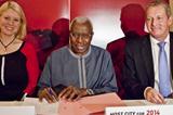 IAAF President Lamine Diack (c), with Copenhagen Mayor of Sport and Culture Pia Allerslev, and Lars Lundon after the city's winning bid was announced to host the 2014 IAAF World Half Marathon Championships (Philippe Fitte)