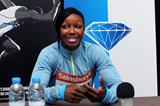 Carmelita Jeter at the 2013 IAAF Diamond League in Birmingham pre-event press conference (Mark Shearman)