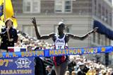 Robert Cheruiyot wins 2003 Boston Marathon, (photo by Vinny Dusovic)