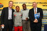 From left: UK Athletics Chairman Ed Warner, Zersenay Tadese, IAAF Ambassador Wilson Kipketer, and IAAF General Secretary Pierre Weiss at the pre-champs press conference in Birmingham (Getty Images)
