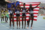 Erika Rucker, Olivia Ekpone, Kendall Baisden and Ashley Spencer celebrate after winning the Women's 400 metres Relay Final on day six of the 14th IAAF World Junior Championships in Barcelona on 15 July 2012 (Getty Images)