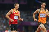 Hans Van Alphen (L) of Belgium and Eelco Sintnicolaas of Netherlands compete in the Men's Decathlon 1500m of the London 2012 Olympic Games on 9 August 2012 (Getty Images)